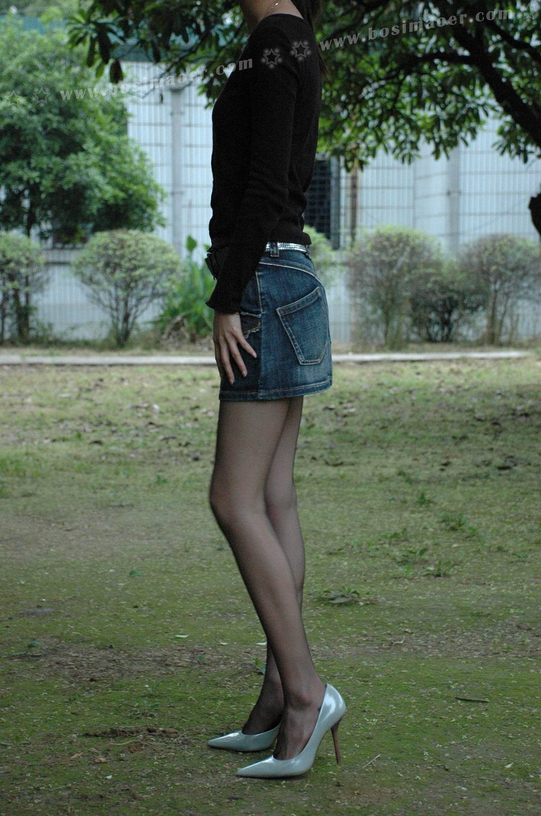 Super short denim skirt black stockings beauty Persian cat part32